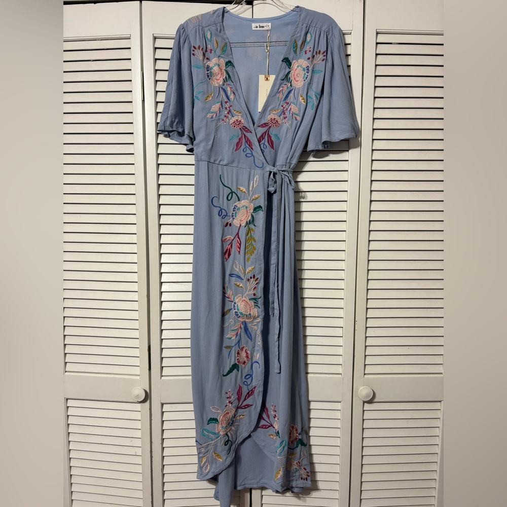 Elegant Blue Floral Embroidered Wrap Dress